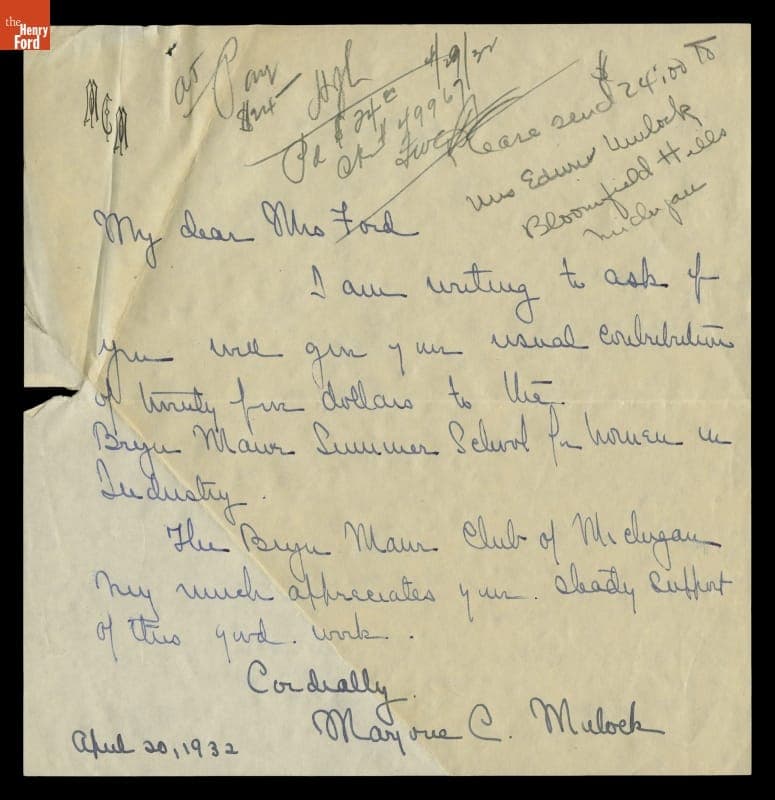 Letter from Marjorie Mulock to Eleanor Ford regarding Donation for Women in Industry School, April 20, 1932