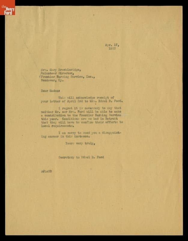 Letter from A. J. Lepine (for Edsel Ford) to Mary Breckinridge regarding Frontier Nursing Service Donation, April 17, 1933