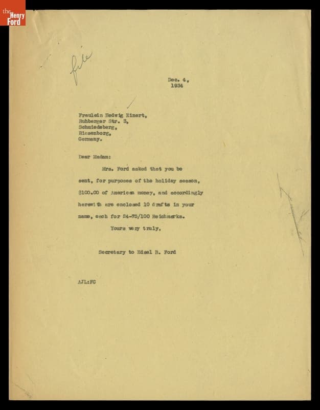 Letter to Hedwig Einert regarding a Donation, December 4, 1934