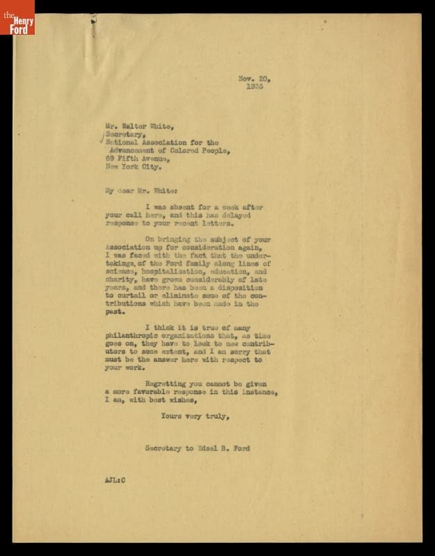Letter from A. J. Lepine (for Edsel Ford) to Walter White, National Association for the Advancement of Colored People, November 20, 1935