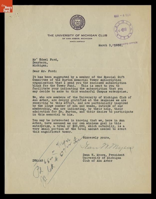 Letter to Edsel Ford from Dean W. Myers, University of Michigan Club of Ann Arbor, March 3, 1936