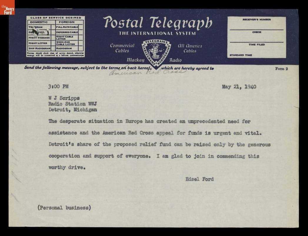 Telegram from Edsel Ford to W. J. Scripps, Radio Station WWJ, regarding American Red Cross Relief Fund, May 21, 1940