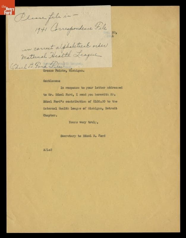 Letter from A. J. Lepine (for Edsel Ford) to the Maternal Health League of Michigan, October 20, 1941