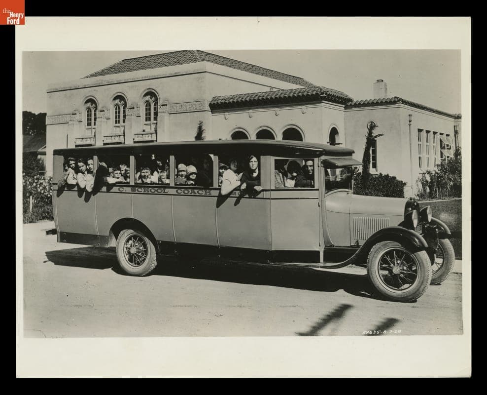 Children aboard a Ford Model AA School Bus, August 1928