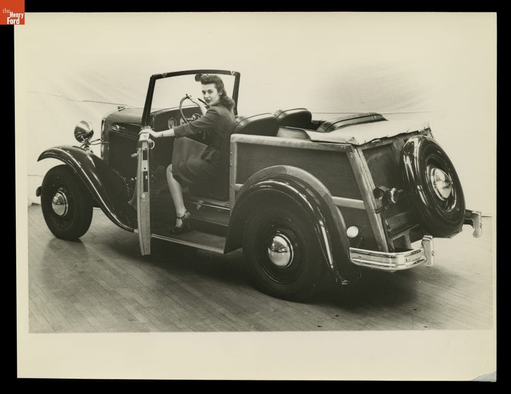 Designer Doris Dickason Modeling the Ford "Estate Wagon" Custom-Built for Henry Ford II, February 1945