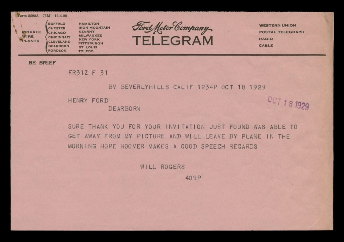 Telegram from Will Rogers to Henry Ford, October 18, 1929