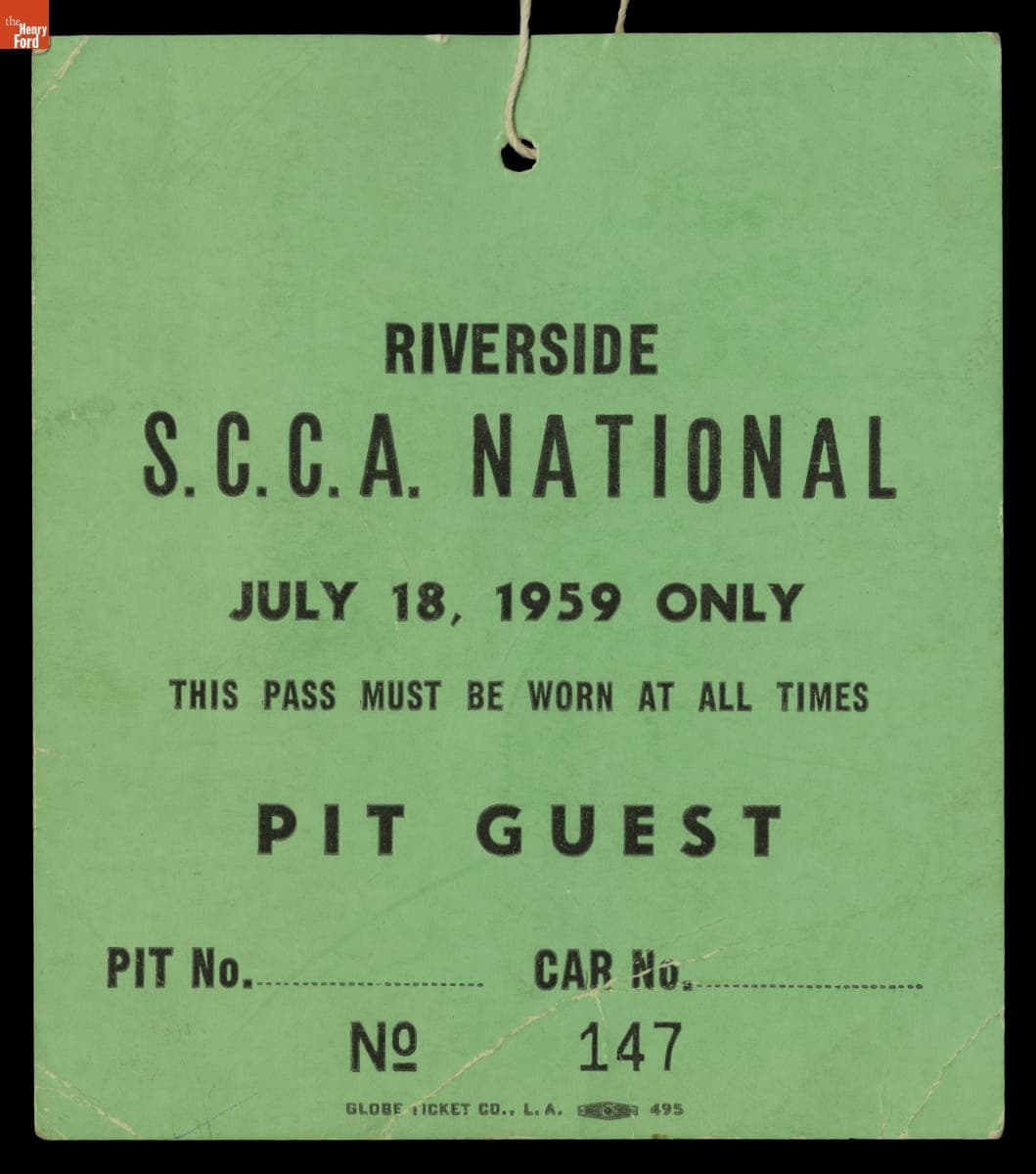 "Pit Guest" Pass for Riverside S.C.C.A. National Race, July 18, 1959