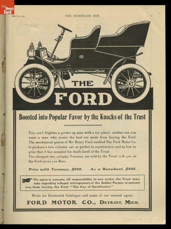 Advertisement for the 1904 Ford Line of Cars, "Boosted into Popular Favor by the Knocks of the Trust"
