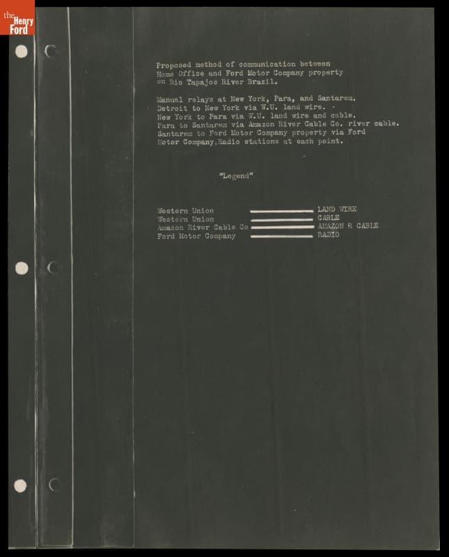Legend for Map Showing Routes of Communication Between Dearborn, Michigan and Fordlandia, Brazil, circa 1928