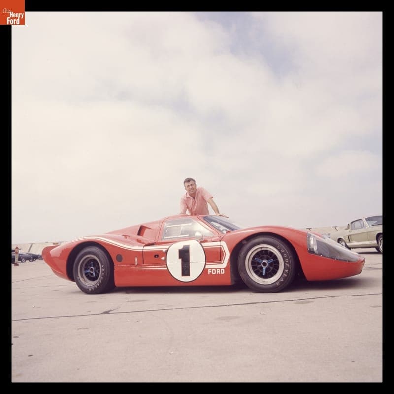 Carroll Shelby with Ford Mark IV Race Car at Shelby-American Production Facility, Los Angeles, California, June 1967