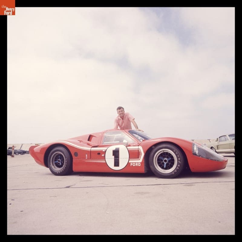 Carroll Shelby with Ford Mark IV Race Car at Shelby-American Production Facility, Los Angeles, California, June 1967