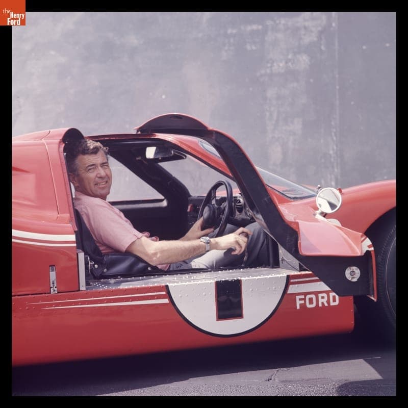 Carroll Shelby with Ford Mark IV Race Car at Shelby-American Production Facility, Los Angeles, California, June 1967