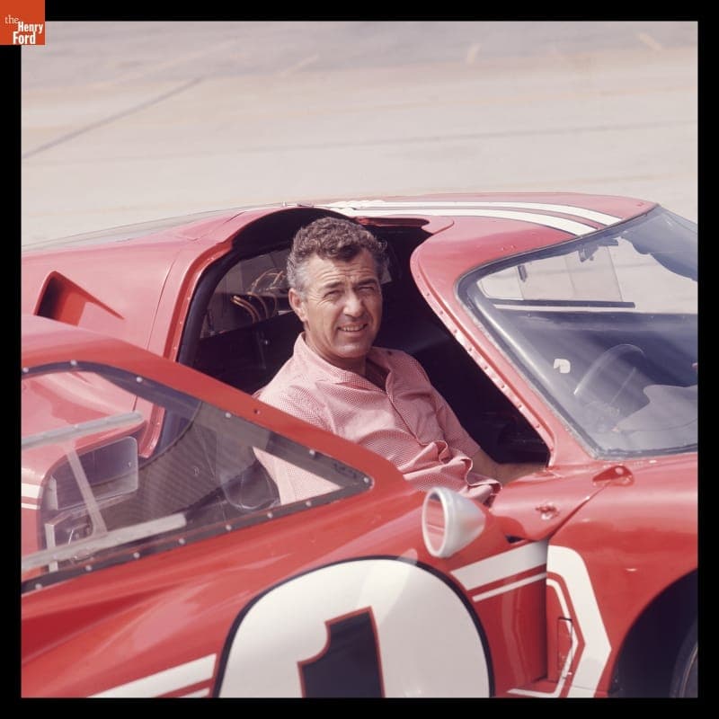 Carroll Shelby with Ford Mark IV Race Car at Shelby-American Production Facility, Los Angeles, California, June 1967