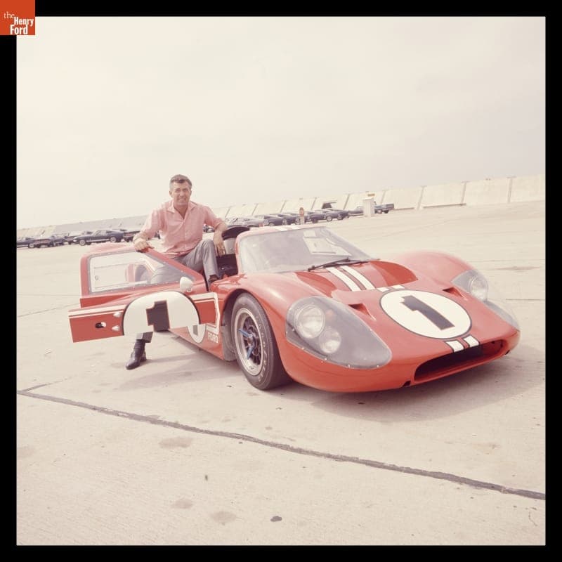 Carroll Shelby with Ford Mark IV Race Car at Shelby-American Production Facility, Los Angeles, California, June 1967