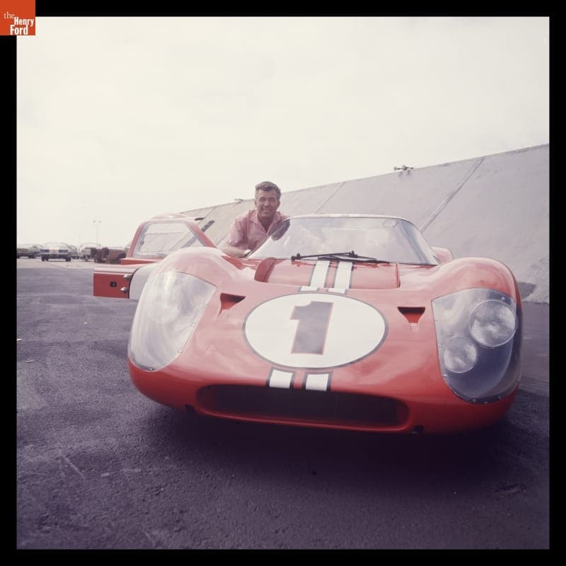 Carroll Shelby with Ford Mark IV Race Car at Shelby-American Production Facility, Los Angeles, California, June 1967