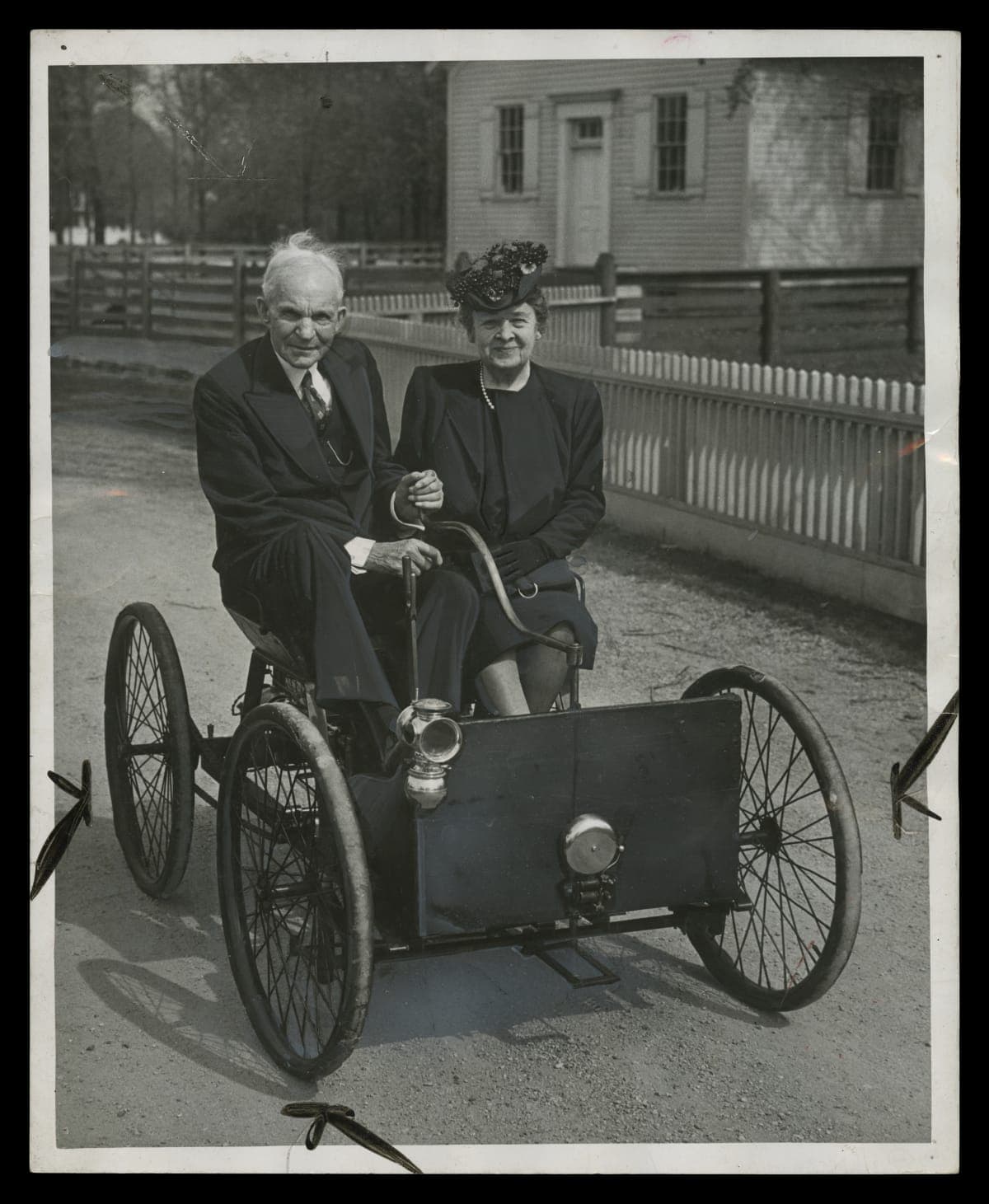 Henry Ford and Clara Ford with the 1896 Ford Quadricycle in Greenfield Village, May 1946