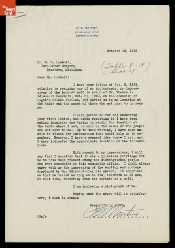 Correspondence between E.G. Liebold and P.E. Martin regarding Light's Golden Jubilee Banquet Painting