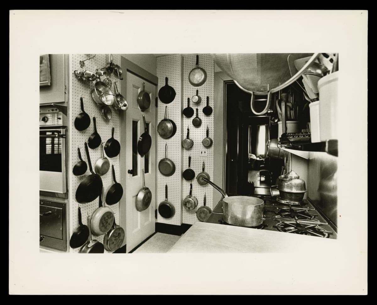 Pegboard Wall with Hanging Pans and Other Equipment in Julia Child's Kitchen, 1977