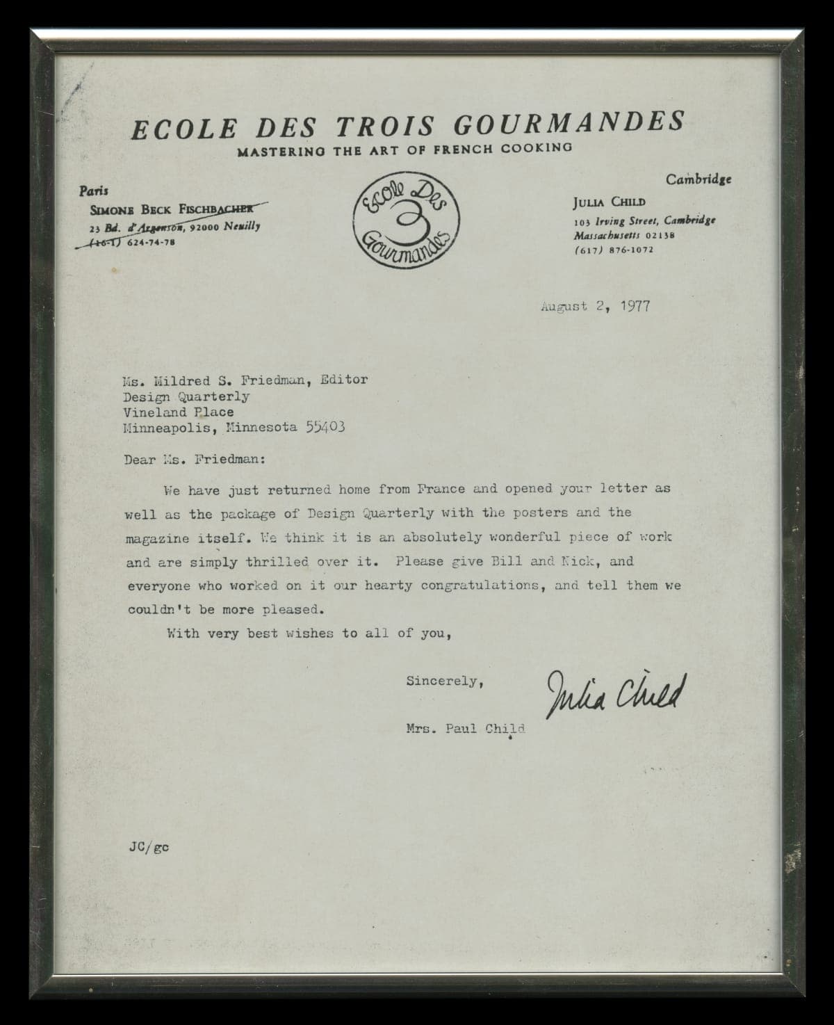 Letter from Julia Child to Mildred S. Friedman, August 2, 1977