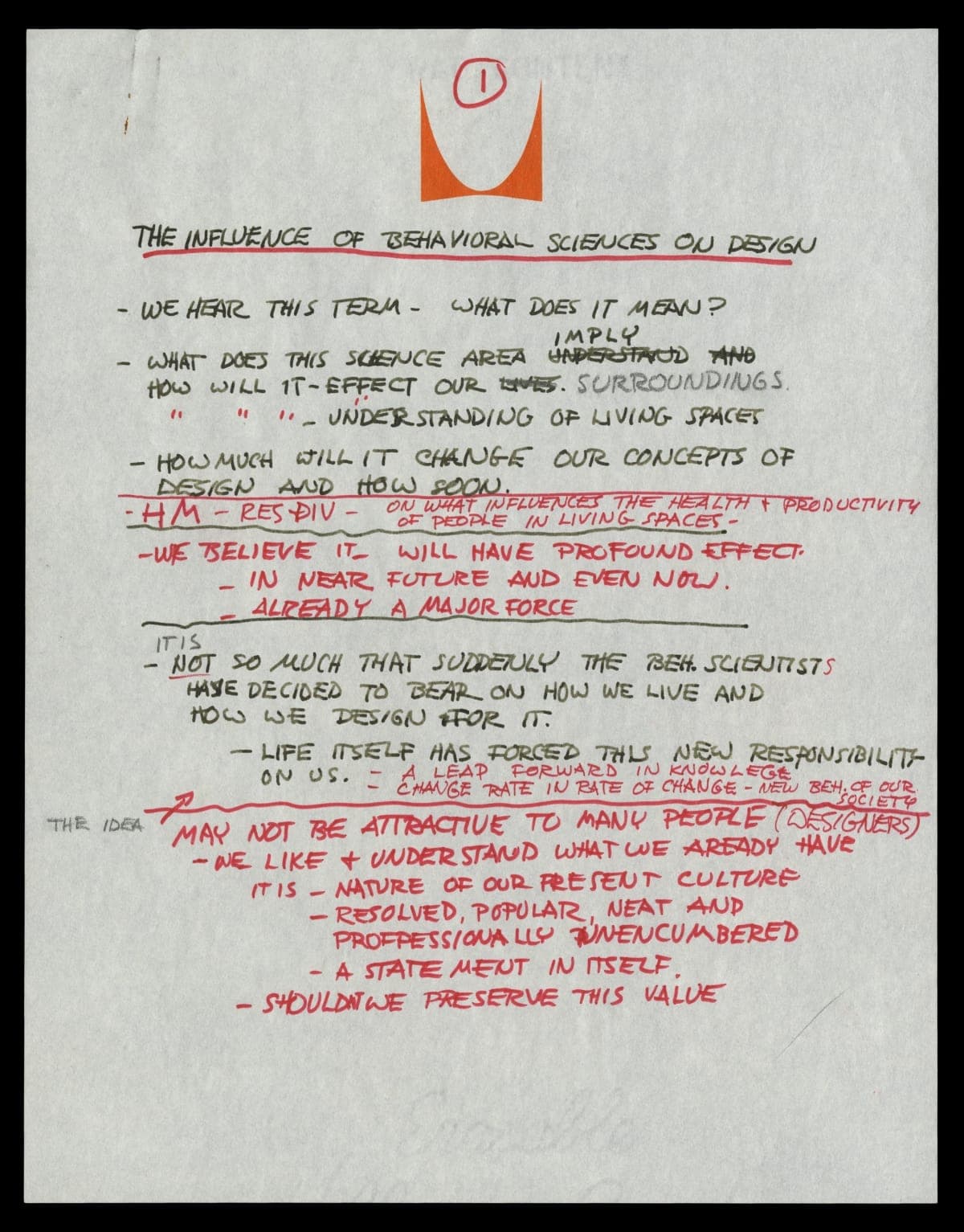 Draft of Lecture, "The Influence of Behavioral Sciences on Design," by Robert L. Propst, 1966