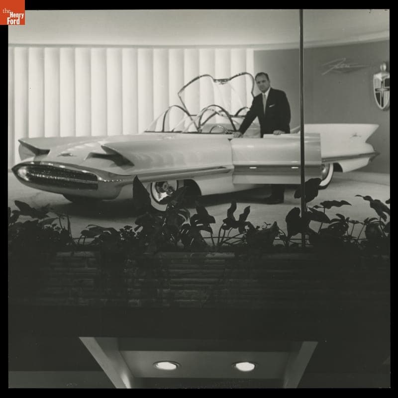 Lincoln Futura Concept Car and Designer William M. Schmidt at the Chicago Auto Show, 1955