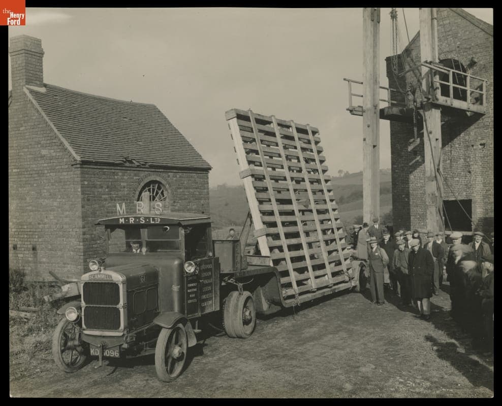 Steam Engine Flywheel from West Midlands, England Coal Mine Pumping Station Being Transported to Railway Station for Shipment to Henry Ford Museum, 1930