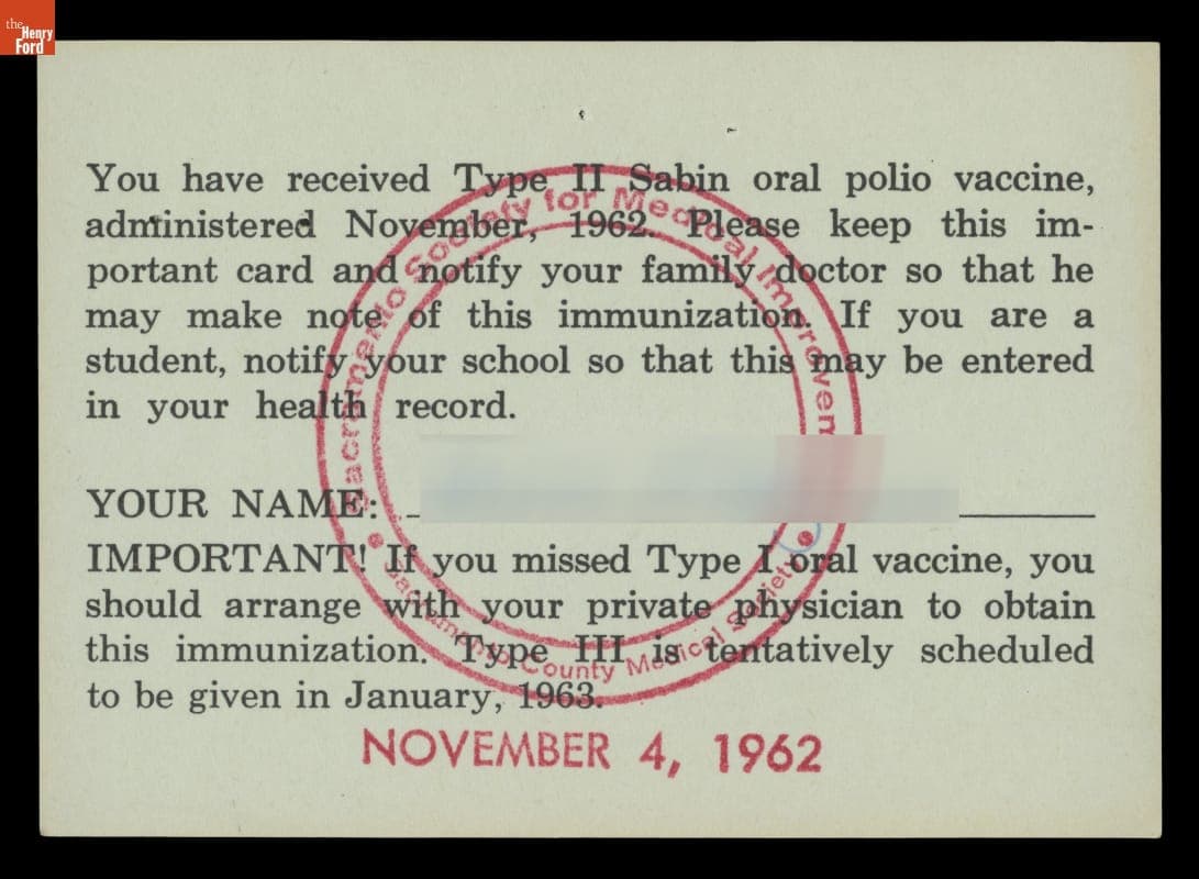 Certificate of Administration of Type II Sabin Oral Polio Vaccine, November 1962