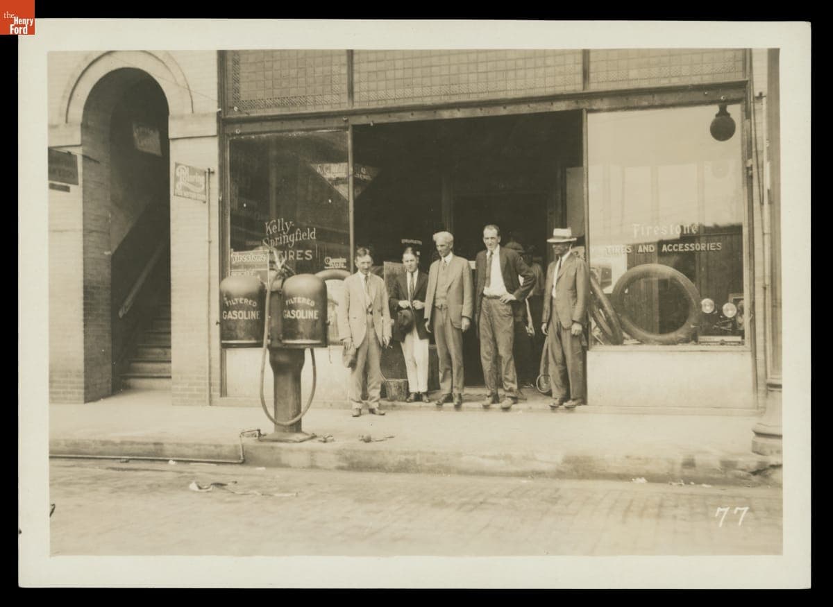 Harvey Firestone, Harvey Firestone, Jr., and Henry Ford outside Harkrader Auto Supply, Bristol, Virginia, 1918