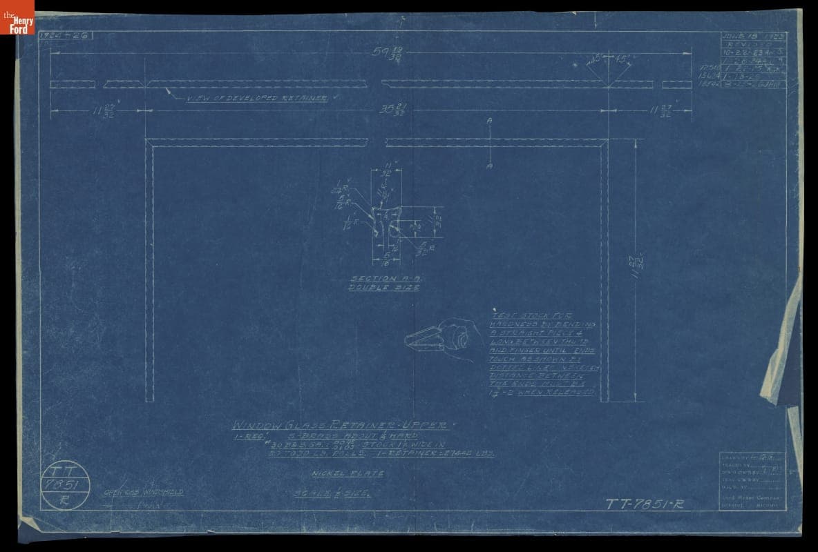 Drawing, "Window Glass Retainer - Upper," Ford Model TT Truck, August 25, 1926