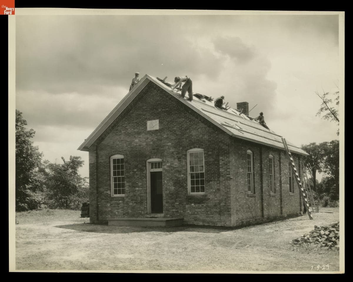 Construction of Scotch Settlement School after Relocation to Greenfield Village, 1929