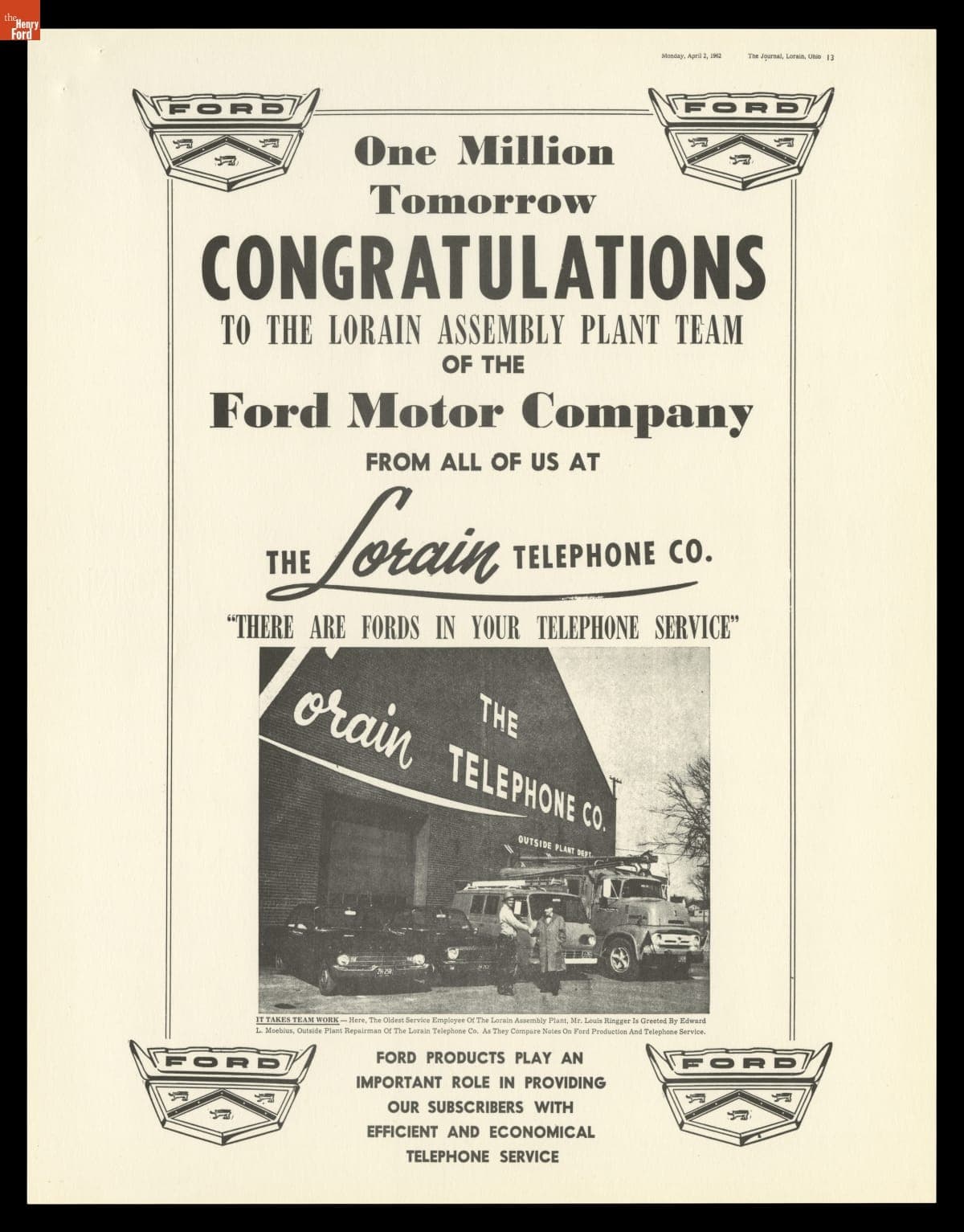 One Millionth Vehicle Built at Ford Motor Company Assembly Plant, Lorain, Ohio, April 2, 1962