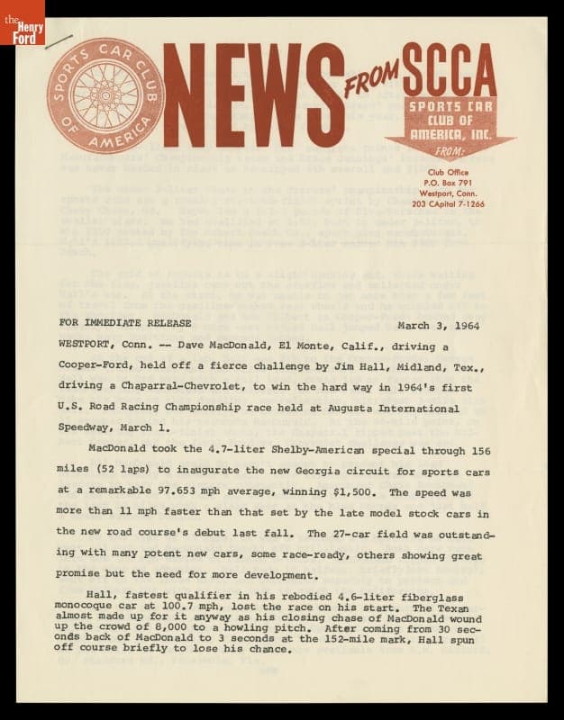 Press Release, United States Road Racing Championship Results, Augusta, Georgia, March 3, 1964