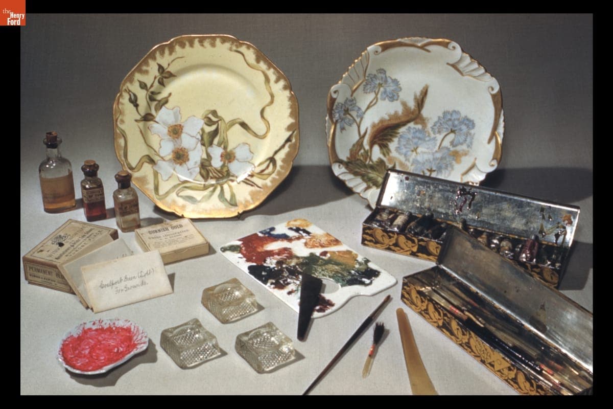Circa 1891 China Painting Kit and Painted Porcelain Plates, Photographed at Henry Ford Museum in 1960