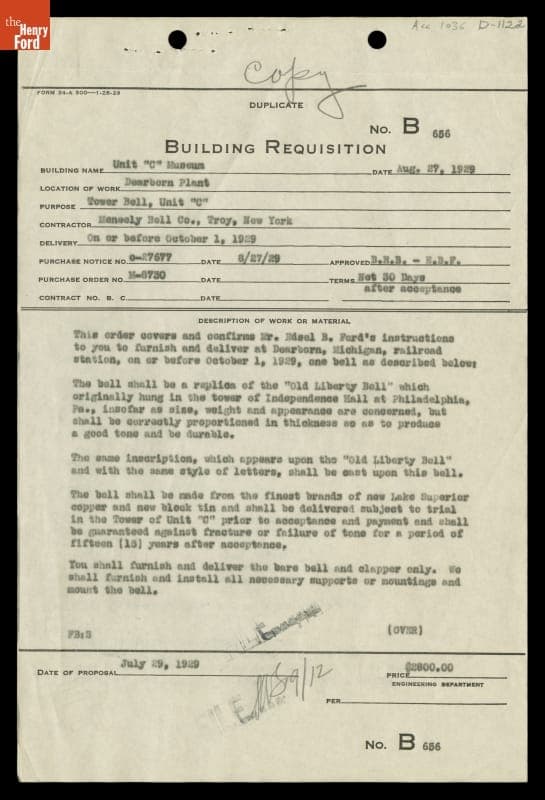 Requisition Confirming Purchase of "Old Liberty Bell" Replica for Henry Ford Museum Clocktower, 1929