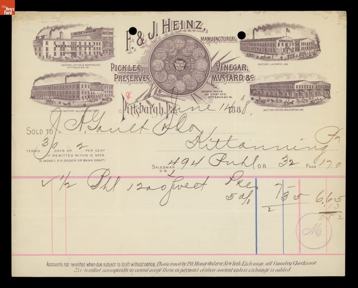 Invoice from F. & J. Heinz, June 14, 1888
