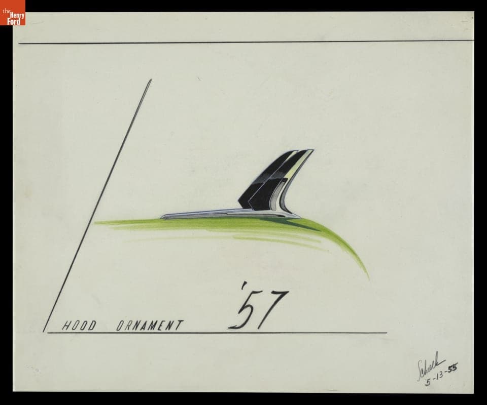 1957 Cadillac Hood Ornament Design Drawing by Robert J. Scheelk, May 1955