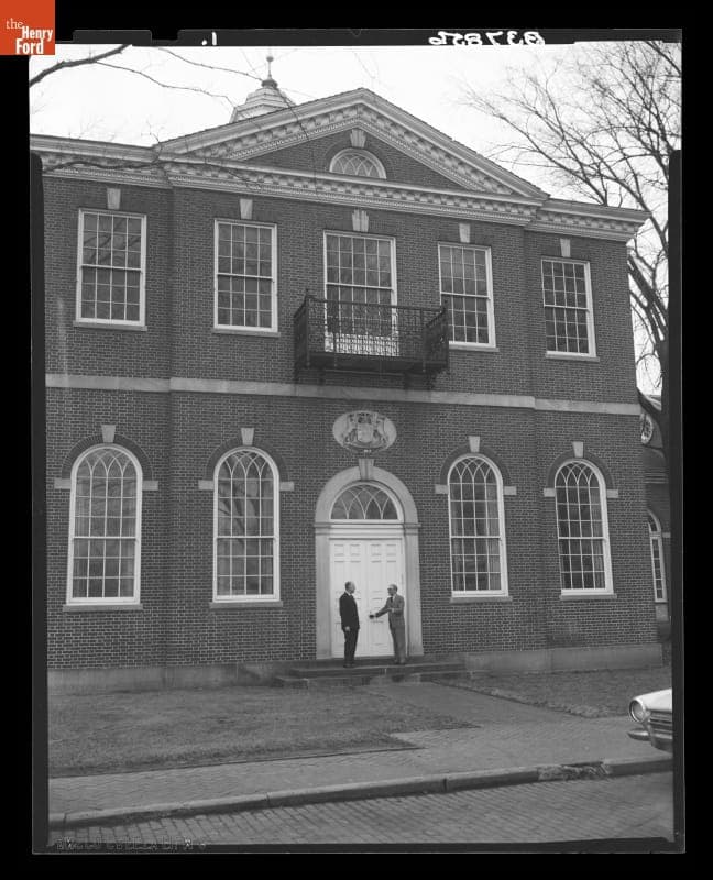Donald A. Shelley, Executive Director, and Henry Edmunds, Archives Director, outside Henry Ford Museum, December 31, 1964