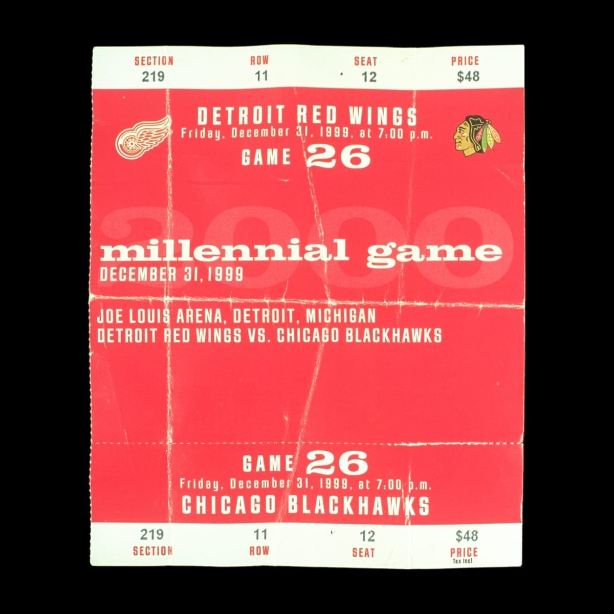 Admission Ticket to the Detroit Red Wings "Millennial Game" against the Chicago Blackhawks, December 31, 1999