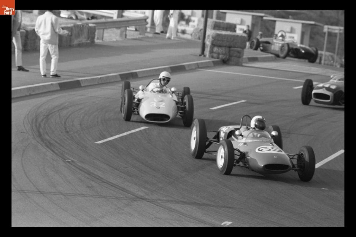 Kurt Neumann and Bruce Elington in Formula Junior Race, Dodger Stadium Sports Car Races, Los Angeles, California, March 1963