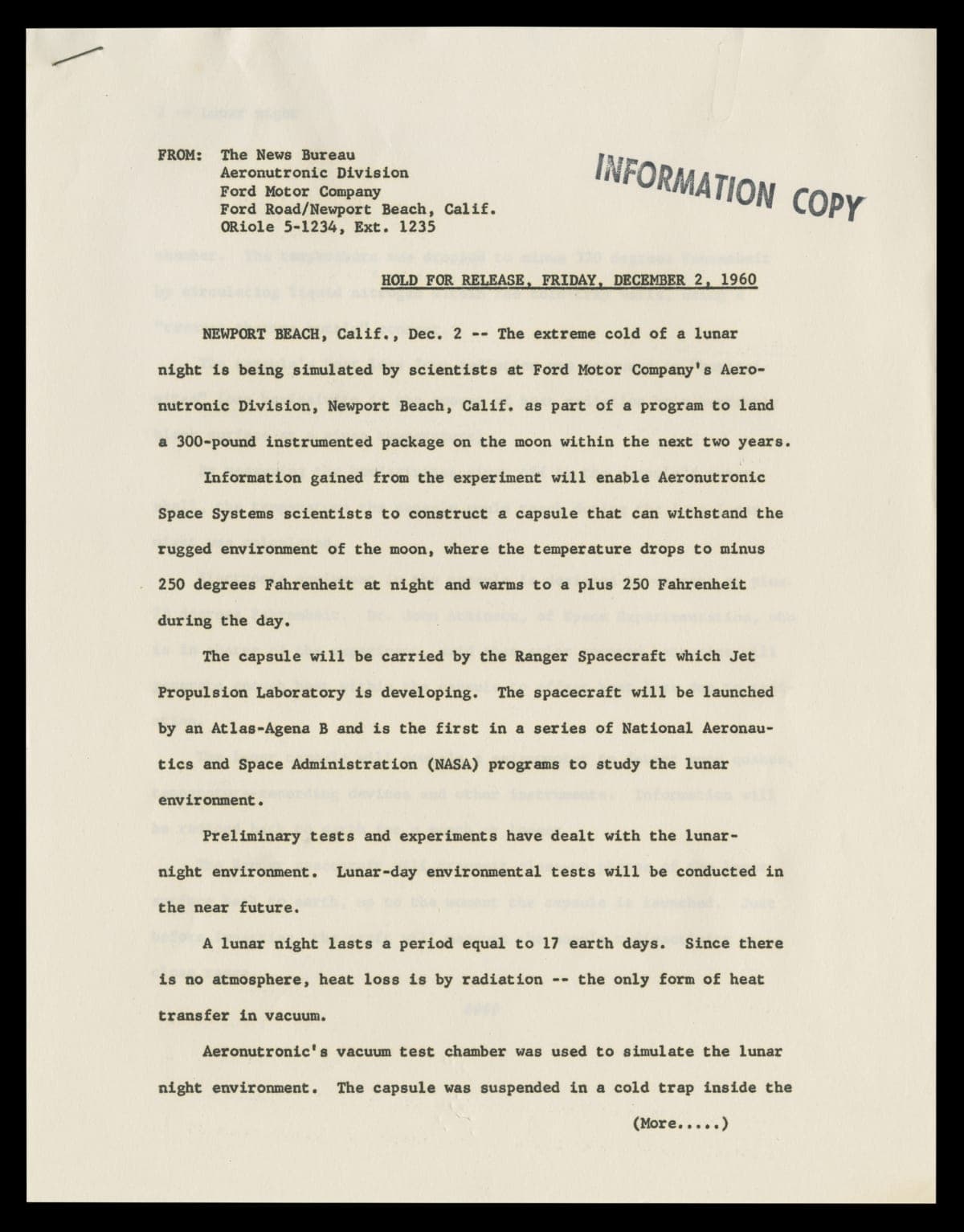 Press Release RE: Lunar Capsule Built by Ford Motor Company Aeronutronic Division, December 2, 1960