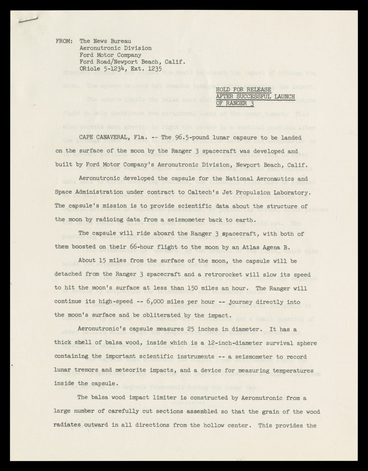 Press Release RE: Lunar Capsule Built by Ford Motor Company Aeronutronic Division, January 26, 1962