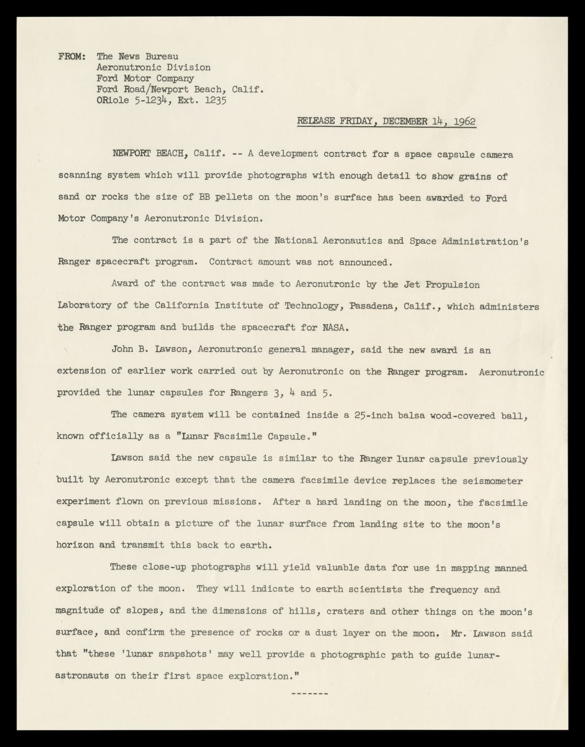 Press Release RE: Contract Awarded to Ford Motor Company Aeronutronic Division for "Lunar Fascimile Capsule" Camera System, December 14, 1962