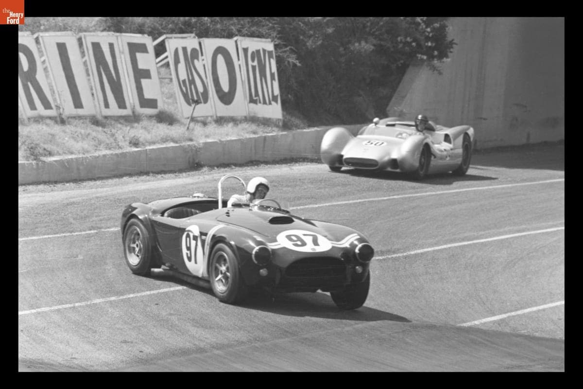 Dave MacDonald Driving Shelby Cobra and Ken Miles Driving Dolphin Porsche in the Pomona Road Races, July 1963