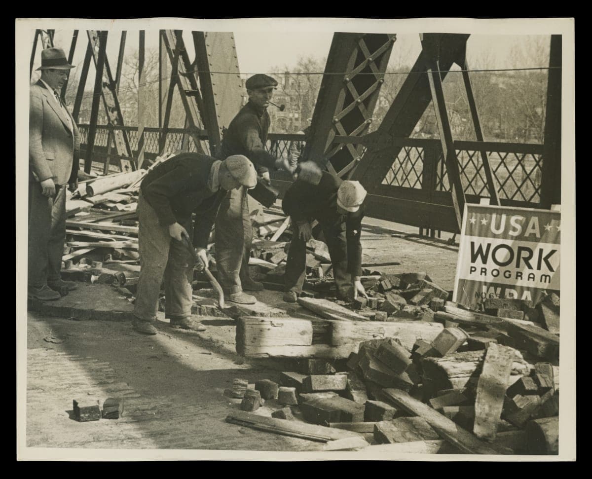 WPA Workers Clear Bridge for Resurfacing after Flood, Holyoke-South Hadley Falls, Massachusetts, 1936