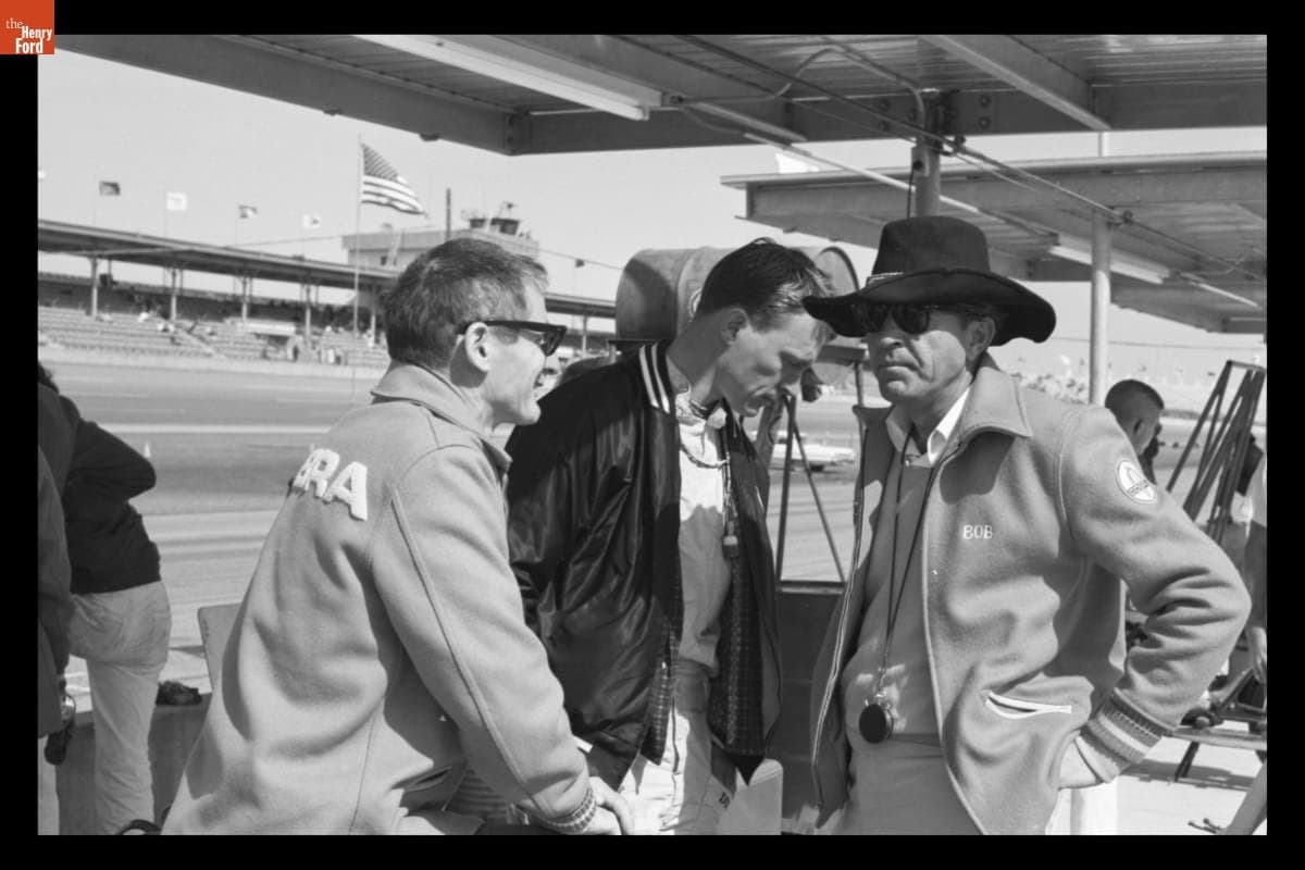 Ken Miles, Dan Gurney, and Carroll Shelby at Daytona International Speedway, February 1964