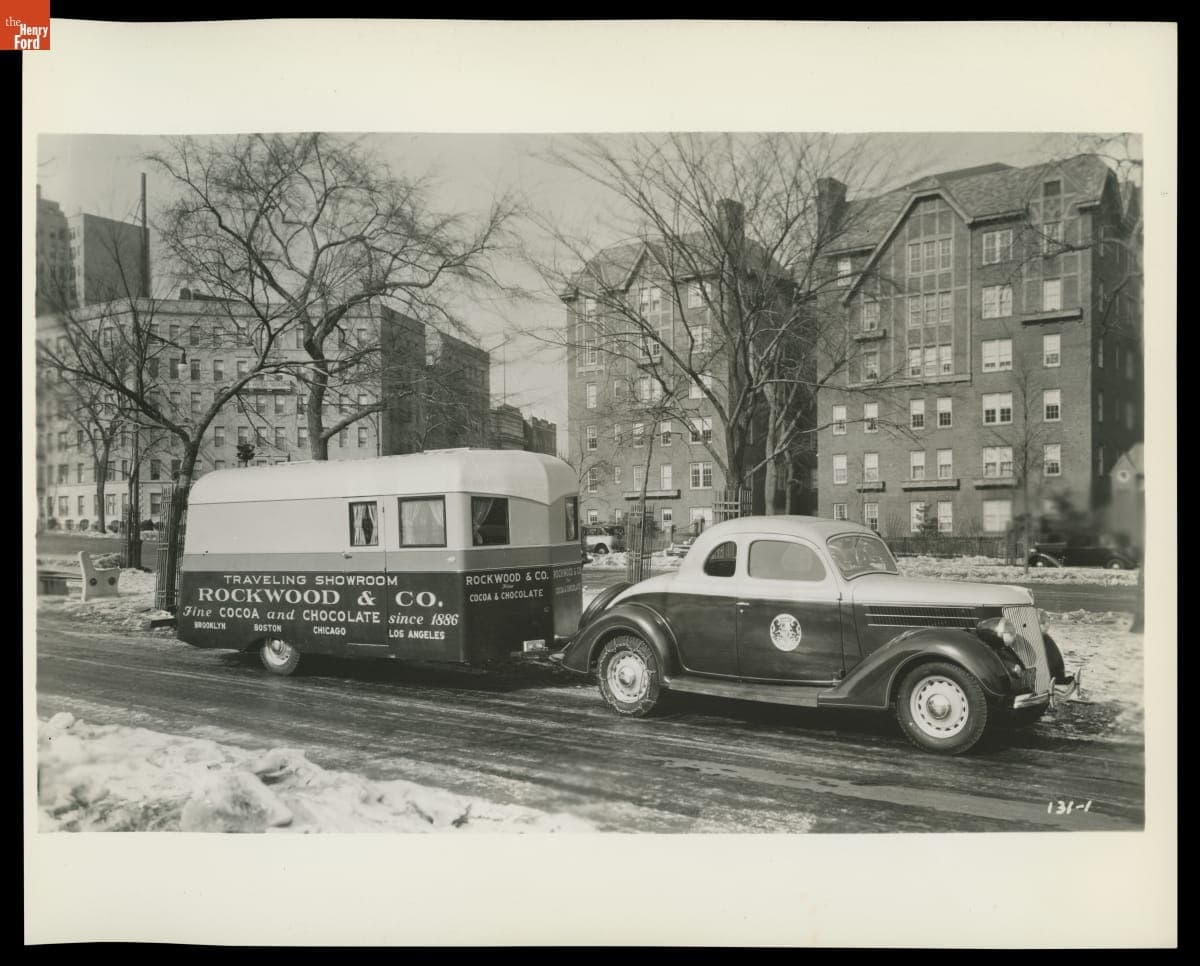 Ford V-8 Coupe and "Traveling Showroom" Trailer Used By Rockwood & Co., 1936
