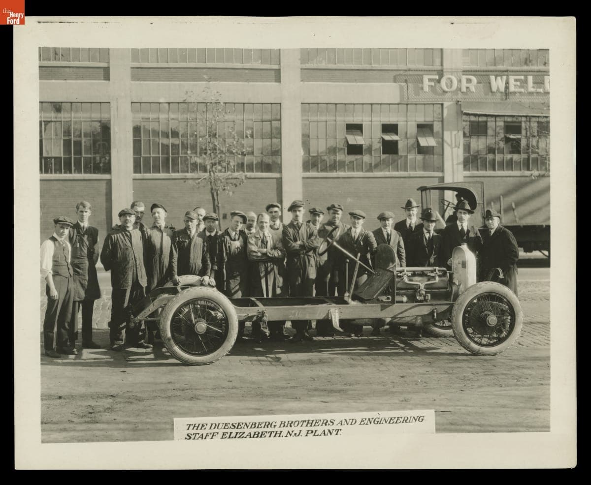 Fred and Augie Duesenberg with Engineering Staff outside Duesenberg Plant in Elizabeth, New Jersey, 1920-1928