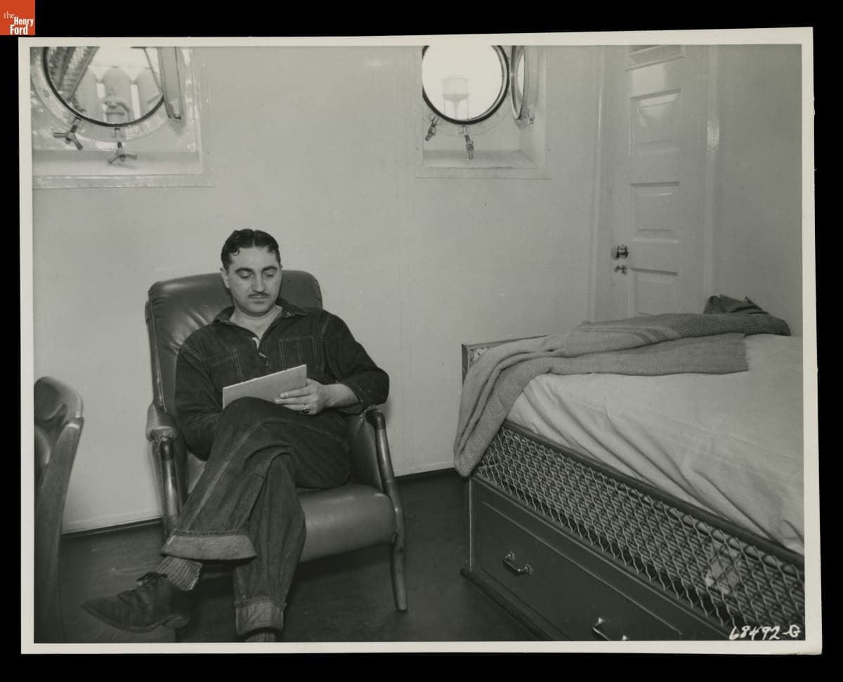 Crew Member in Cabin aboard the Ford Motor Company Ship Green Island, July 1, 1937