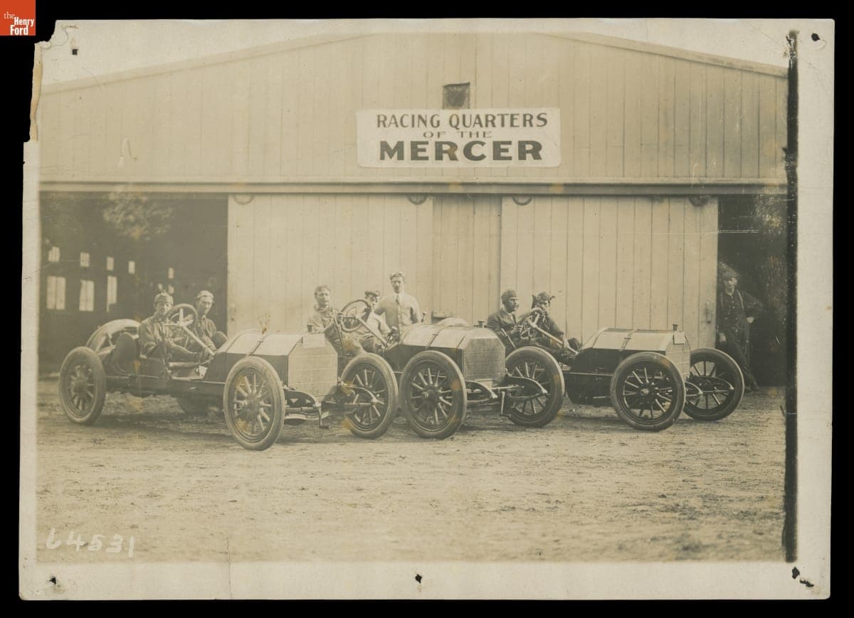 Three Mercer Race Cars and Designer Finley Robertson Porter at Racing Quarters, circa 1910