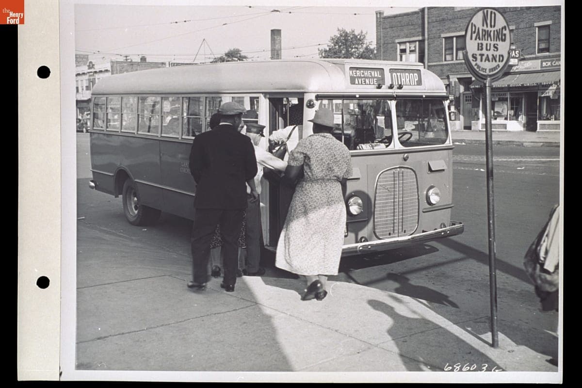 Passengers Boarding Ford V-8 Bus Operated by Lake Shore Coach Lines, Grosse Pointe, Michigan, July 29, 1937